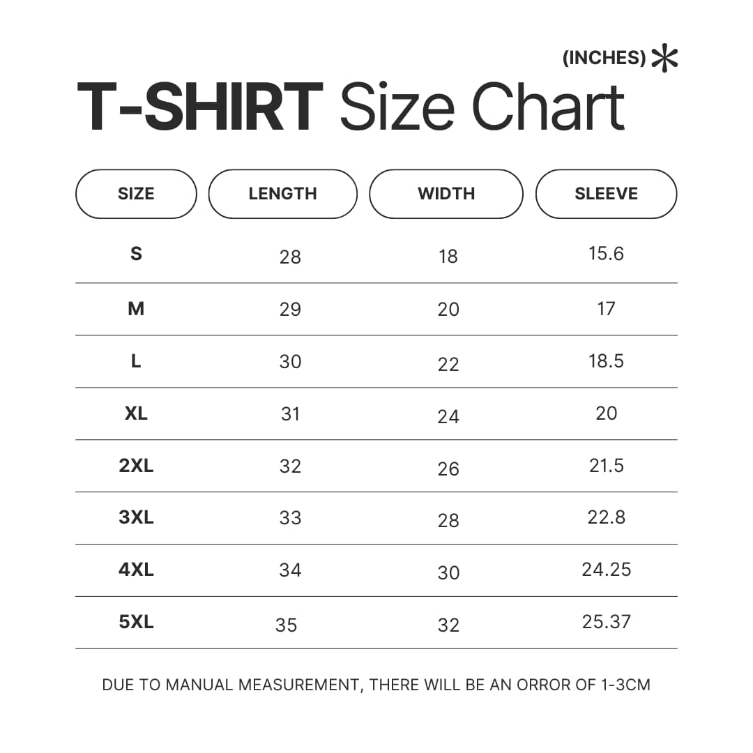 T shirt Size Chart - Soul Eater Shop