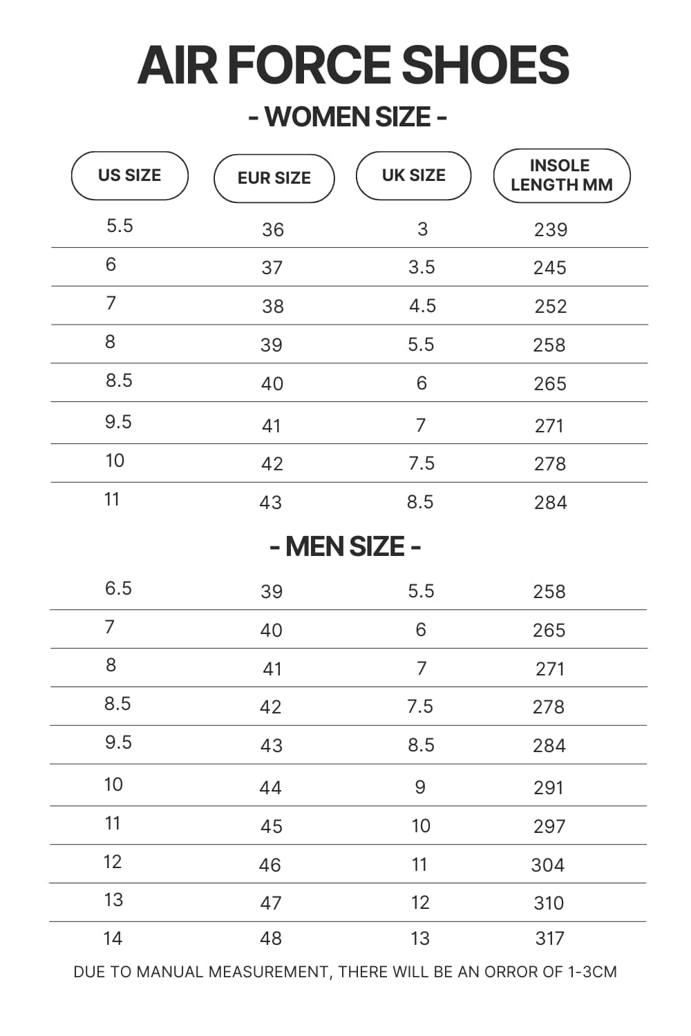 Air Force Shoes Size Chart - Soul Eater Shop
