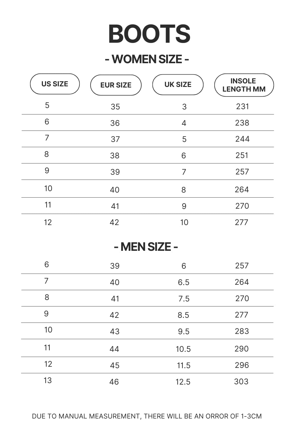 Boots Size Chart 1 - Soul Eater Shop
