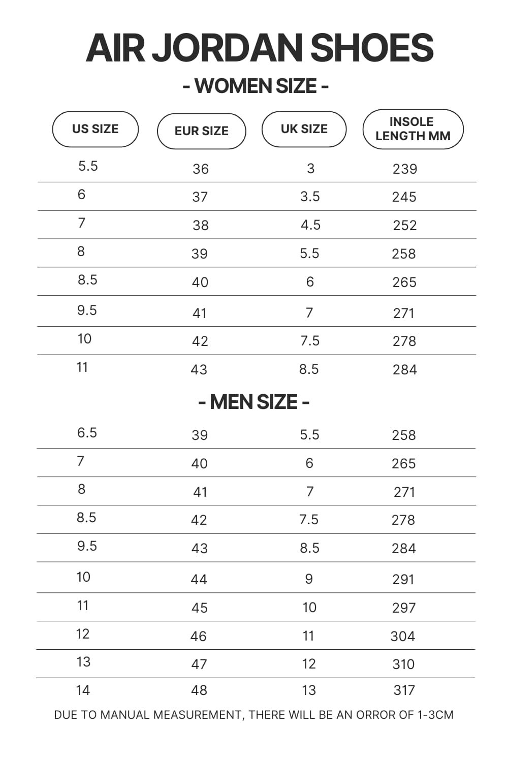 Air Jordan Shoes Size Chart - Soul Eater Shop