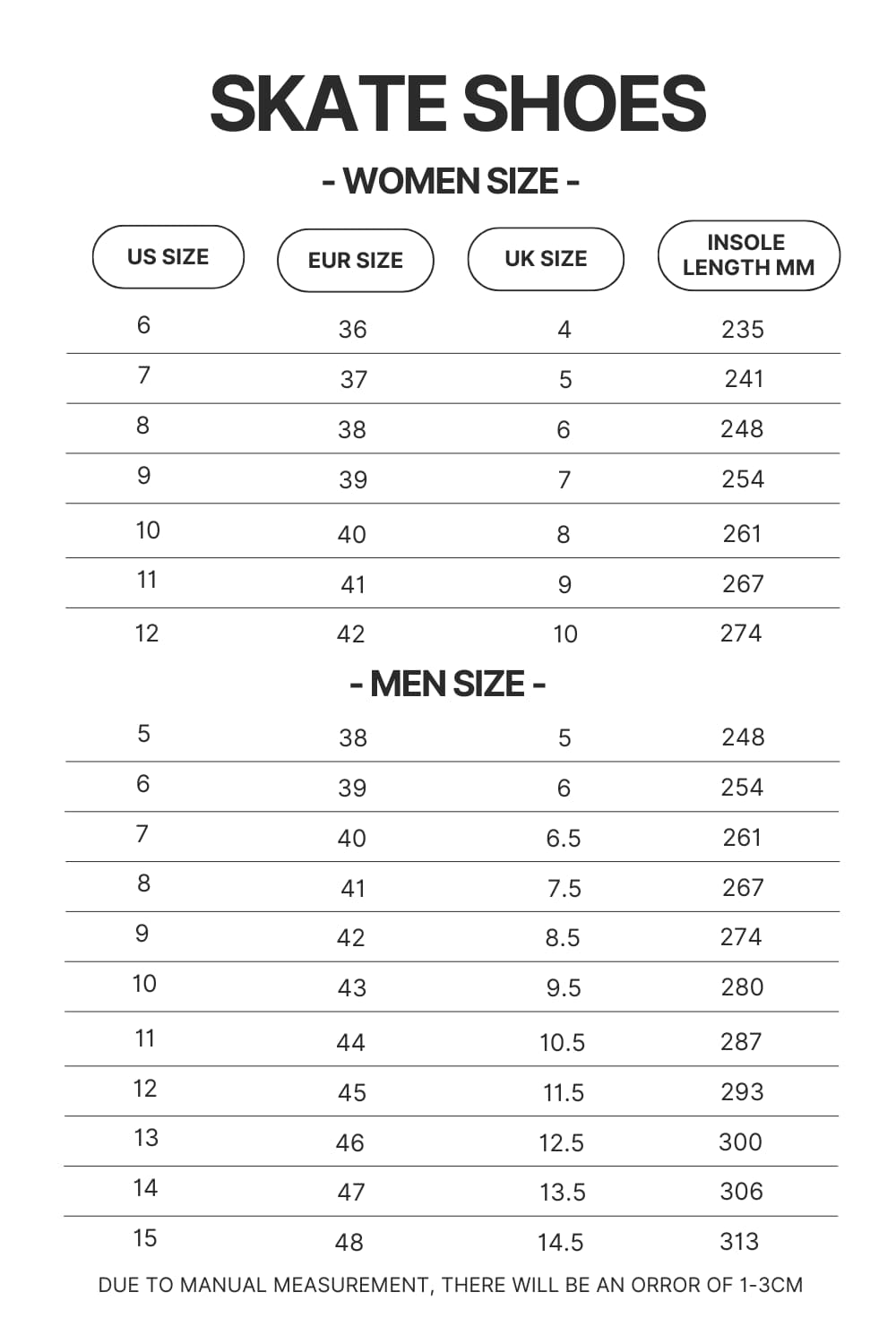 Skate Shoes Size Chart - Soul Eater Shop
